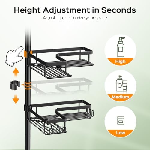 HAMITOR Shower Caddy Tension Pole: 4-Tier Corner Rustproof Bathroom Organizer with Soap Holder & Hooks - No-Drill Adjustable Shower Shelf for Renters - Family Stand Storage Rack - 47-123 Inch Black