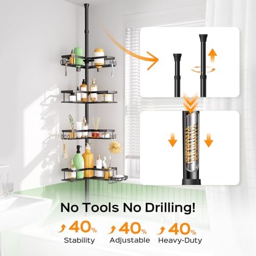 HAMITOR Shower Caddy Tension Pole: 4-Tier Corner Rustproof Bathroom Organizer with Soap Holder & Hooks - No-Drill Adjustable Shower Shelf for Renters - Family Stand Storage Rack - 47-123 Inch Black