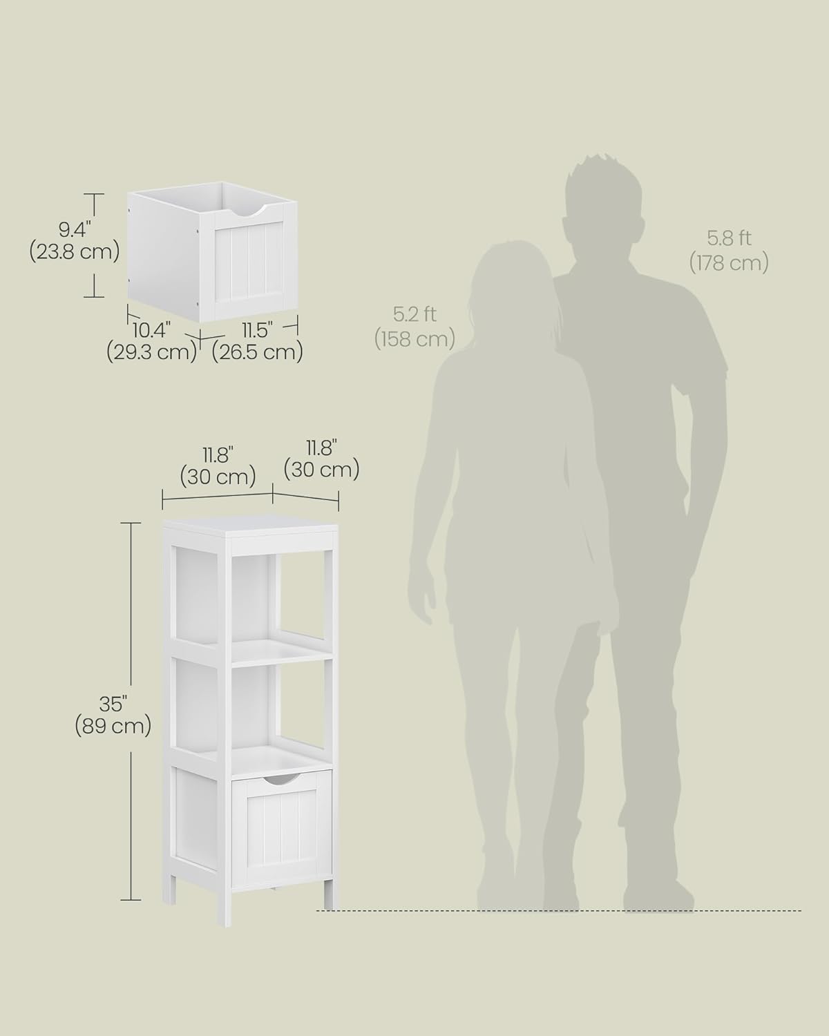 VASAGLE Storage Cabinet, Storage Organizer Rack Stand for Bathroom, Living Room, Bedroom, Multifunctional Corner Unit, 2 Drawers, 35 Inches in Height, White UBBC42WT