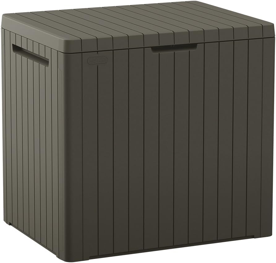 Keter City 30 Gallon Resin Outdoor Storage Box and Patio Furniture Side Table for Pool and Garden Accessories, Dark Grey