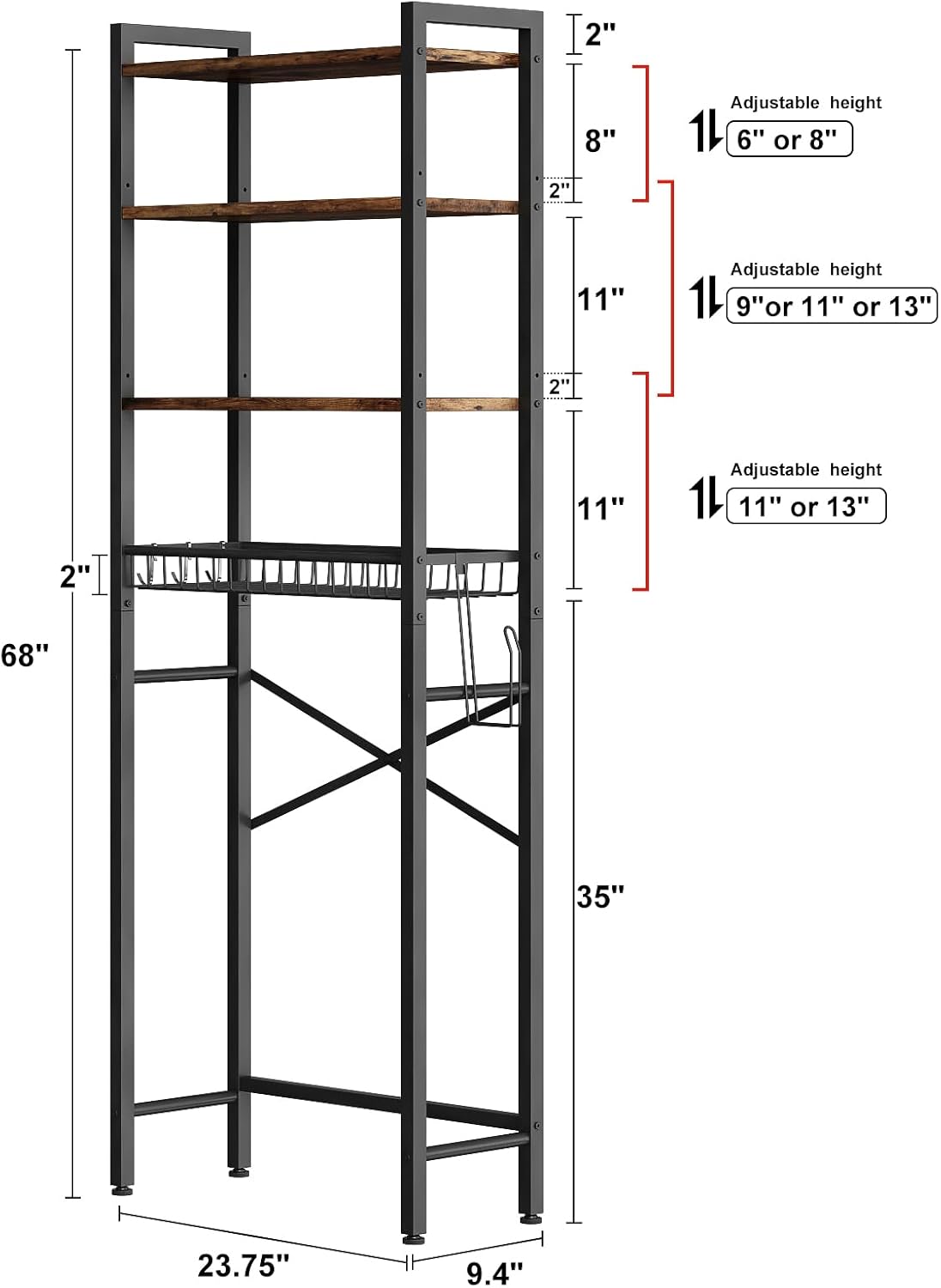 Kalrin Over-The-Toilet Storage Rack, 4-Tier Bathroom Organizer Shelf Over Toilet with Adjustable Shelf and Basket, Freestanding Space Saver Bathroom Shelves Above Toilet for Room (Vintage Brown)