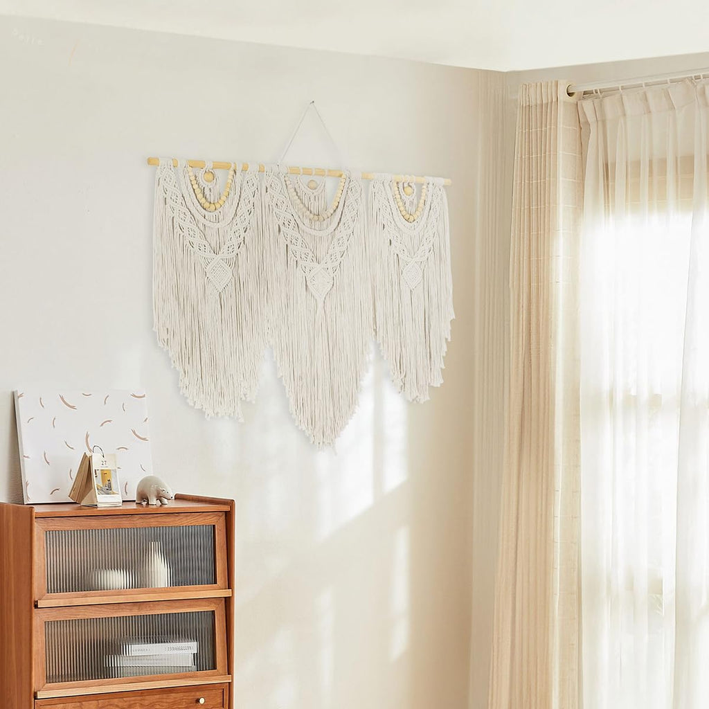 Large Macrame Wall Hanging, Cotton Hand-Woven Boho Tapestry Wall Decor, Above Bed Wall Art, Home Decoration for Bedroom Living Room Apartment Nursery (white, Bead)