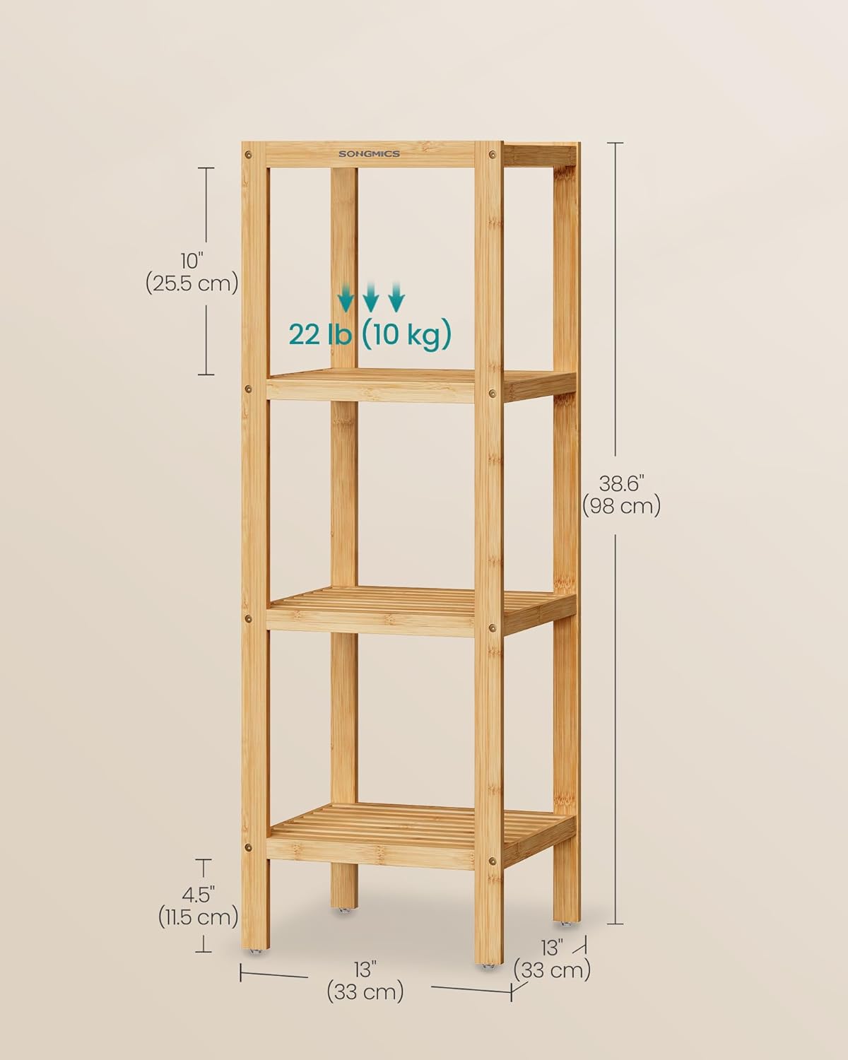 SONGMICS Bamboo Storage Shelf, 4-Tier Shelving Unit, Multifunctional, in the Entryway, Bathroom, Living Room, Balcony, Kitchen, 13 x 13 x 38.6 Inches, Light Bamboo UBCB54Y