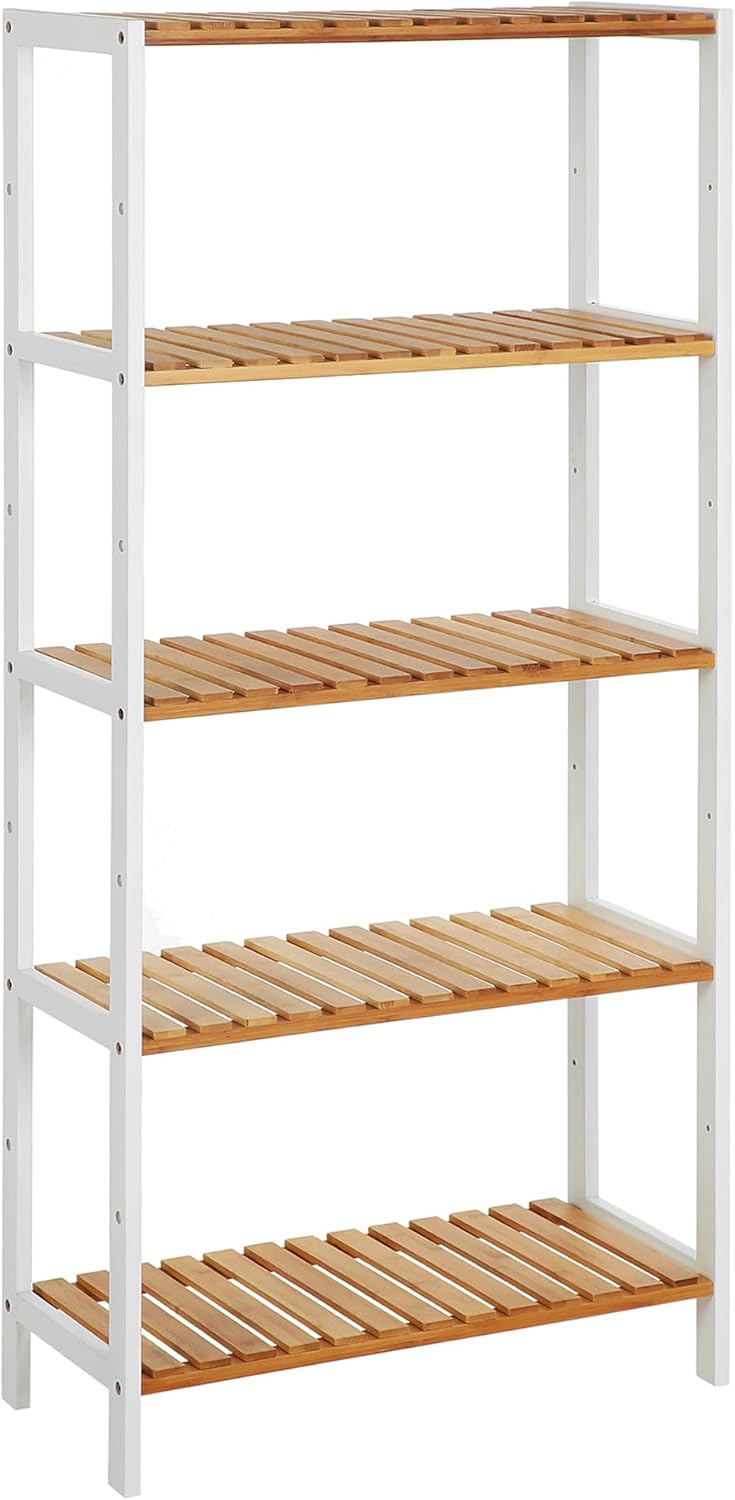 SONGMICS Bamboo Storage Shelf, 4-Tier Shelving Unit, Multifunctional, in the Entryway, Bathroom, Living Room, Balcony, Kitchen, 13 x 13 x 38.6 Inches, Light Bamboo UBCB54Y