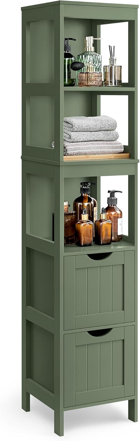 VASAGLE Storage Cabinet, Storage Organizer Rack Stand for Bathroom, Living Room, Bedroom, Multifunctional Corner Unit, 2 Drawers, 35 Inches in Height, White UBBC42WT