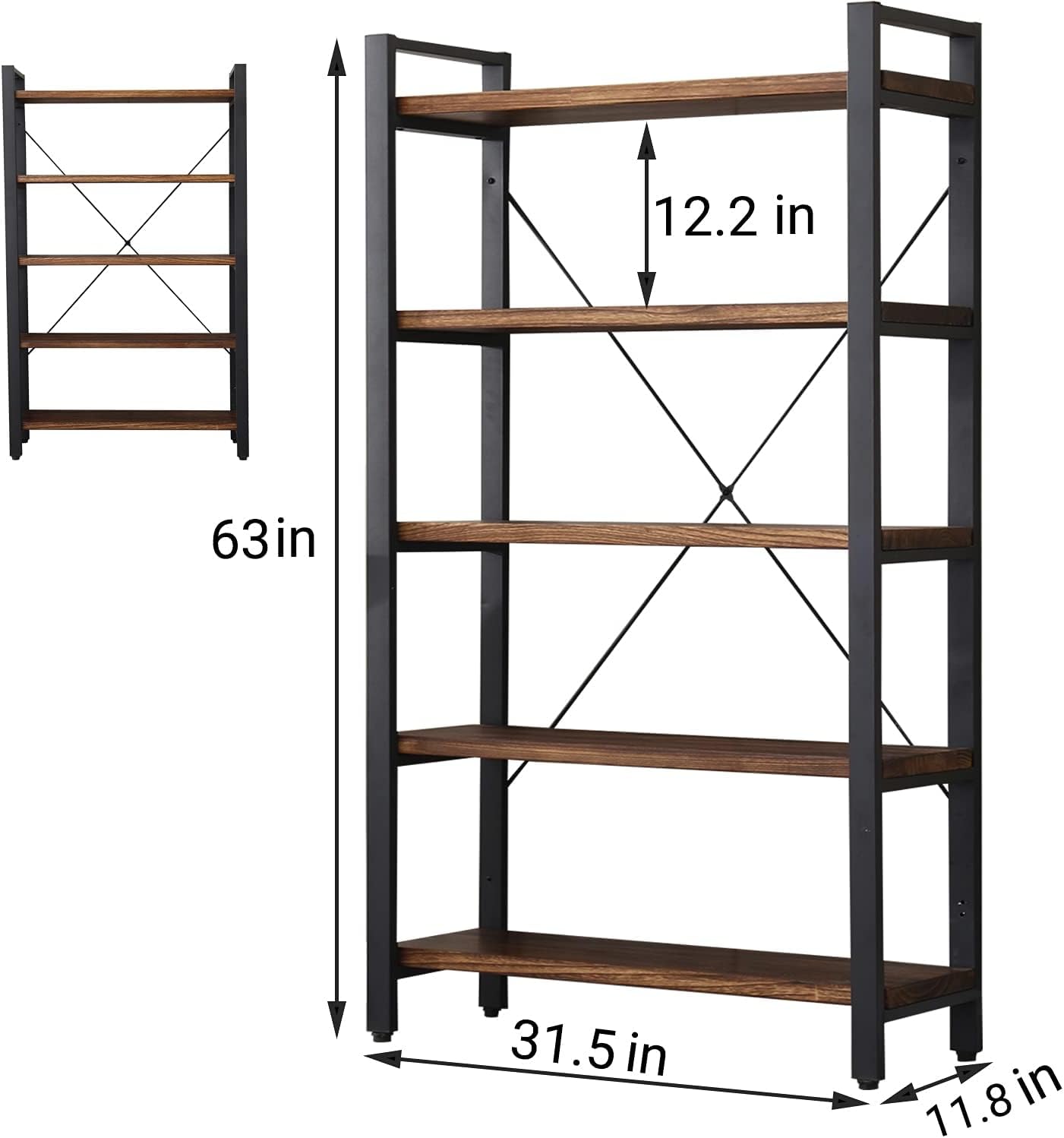WH-AOERPUMY 5 Tier Bookcase, Solid Wood Bookshelf Rustic Vintage Industrial Etagere Bookcase, Metal and Wood Free Vintage Bookshelf, Retro Brown (5-Tiers)