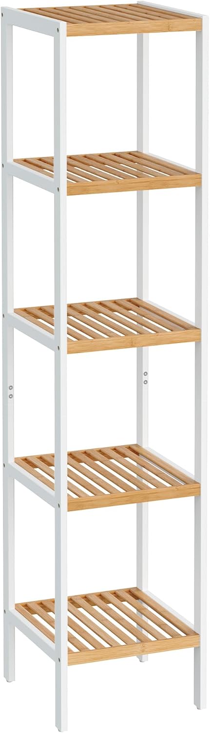 SONGMICS Bamboo Storage Shelf, 4-Tier Shelving Unit, Multifunctional, in the Entryway, Bathroom, Living Room, Balcony, Kitchen, 13 x 13 x 38.6 Inches, Light Bamboo UBCB54Y