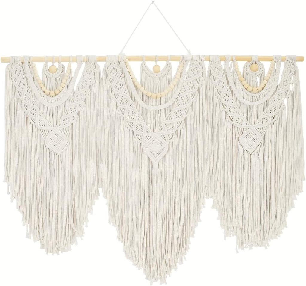 Large Macrame Wall Hanging, Cotton Hand-Woven Boho Tapestry Wall Decor, Above Bed Wall Art, Home Decoration for Bedroom Living Room Apartment Nursery (white, Bead)