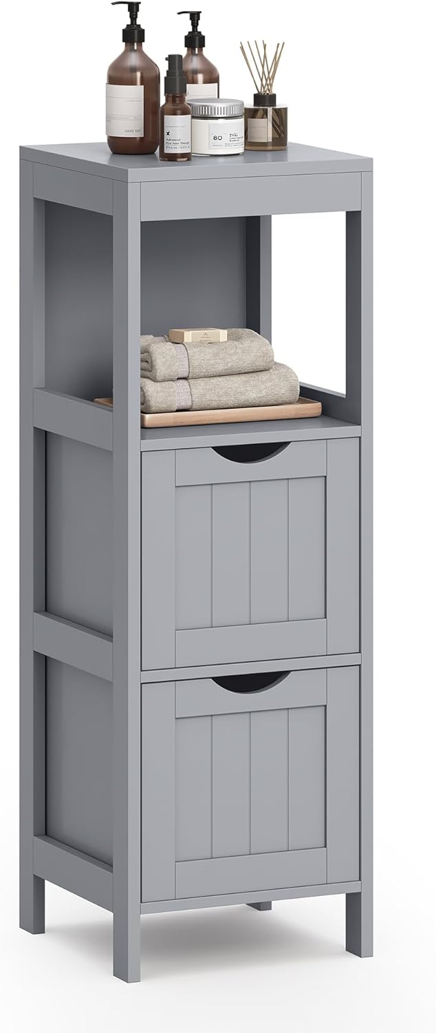 VASAGLE Storage Cabinet, Storage Organizer Rack Stand for Bathroom, Living Room, Bedroom, Multifunctional Corner Unit, 2 Drawers, 35 Inches in Height, White UBBC42WT