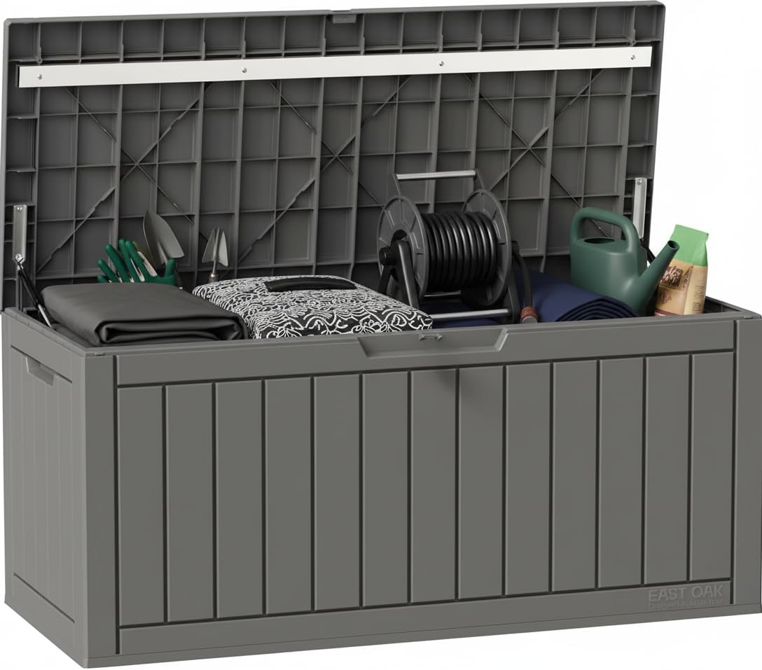 EAST OAK Outdoor Storage Box, 60 Gallon Deck Box Indoor and Outdoor Use, Waterproof Resin Storage Bin for Patio Cushions, Gardening Tools, Lockable, UV Resistant, Grey
