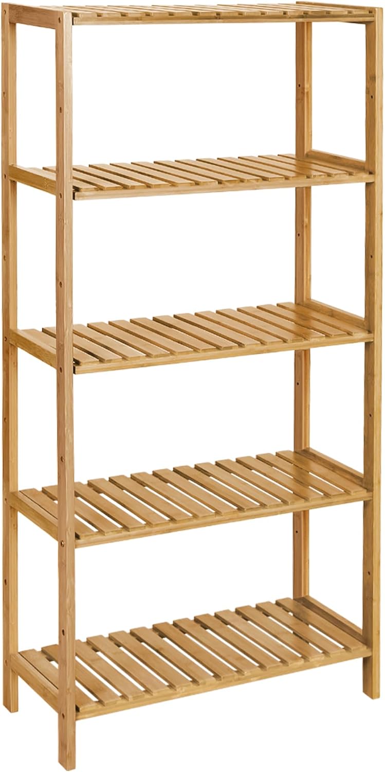 SONGMICS Bamboo Storage Shelf, 4-Tier Shelving Unit, Multifunctional, in the Entryway, Bathroom, Living Room, Balcony, Kitchen, 13 x 13 x 38.6 Inches, Light Bamboo UBCB54Y