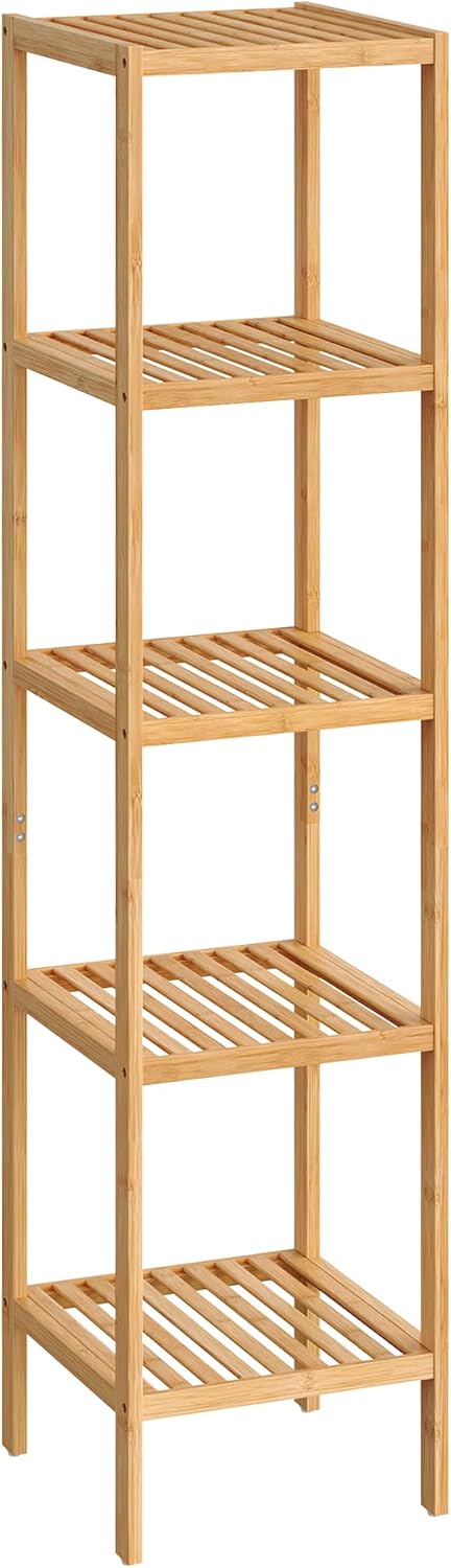 SONGMICS Bamboo Storage Shelf, 4-Tier Shelving Unit, Multifunctional, in the Entryway, Bathroom, Living Room, Balcony, Kitchen, 13 x 13 x 38.6 Inches, Light Bamboo UBCB54Y