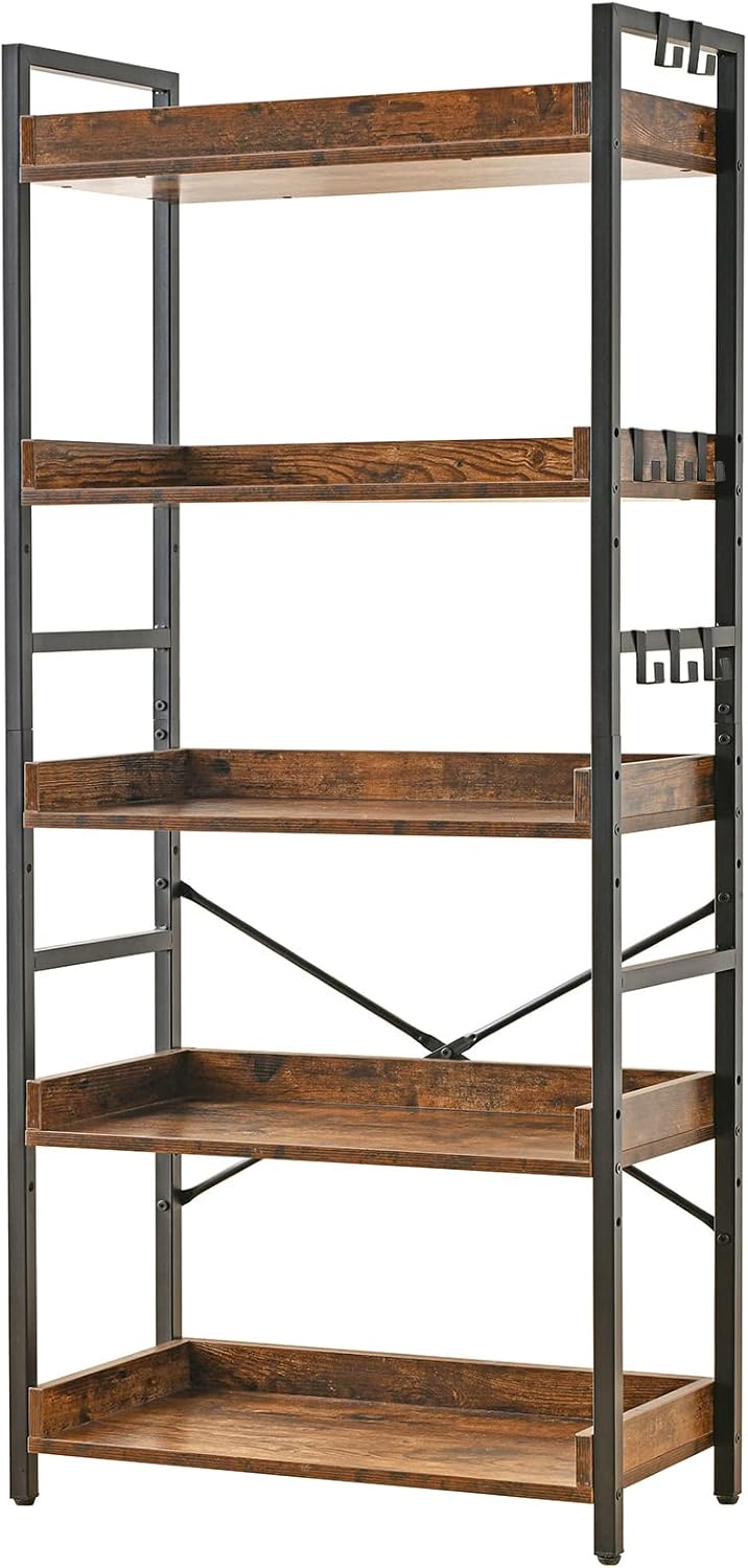HCHQHS Bookshelf, Adjustable Industrial Bookcase, Vertical Tall Book Shelf, Wood and Black Metal Open Bookshelves for Home Office, Living Room, Bedroom (Rustic Brown, 6-Tier (31" W x 70" H))
