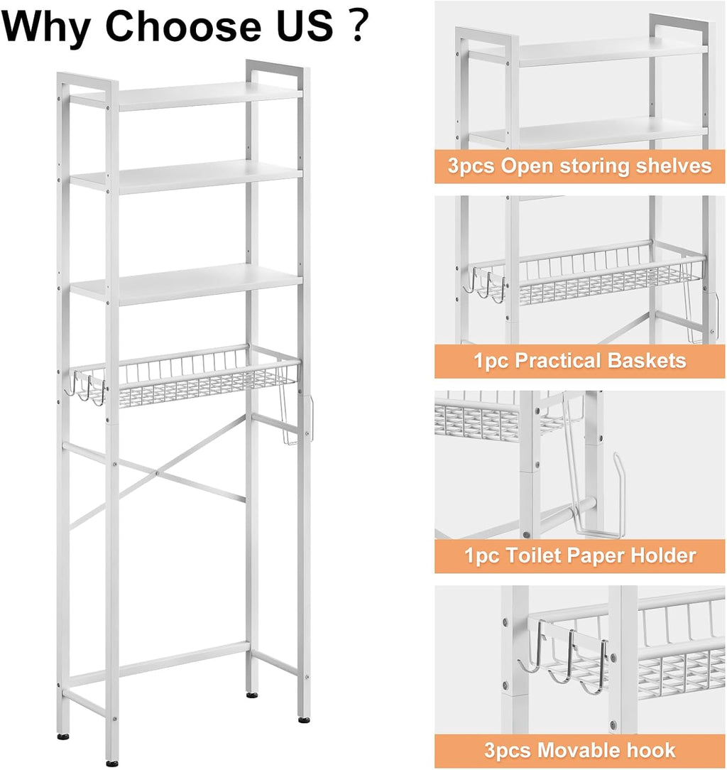 Kalrin Over-The-Toilet Storage Rack, 4-Tier Bathroom Organizer Shelf Over Toilet with Adjustable Shelf and Basket, Freestanding Space Saver Bathroom Shelves Above Toilet for Room (Pure White)