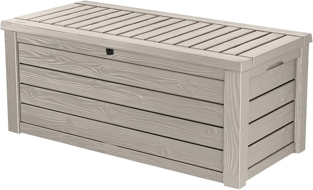Keter Westwood 150 Gallon Deck Box Organizer, Doubles as 2-Person Bench Seat, Brown – Large Resin Outdoor Storage and Seating with Lockable Lid for Garden, Pool, and Patio