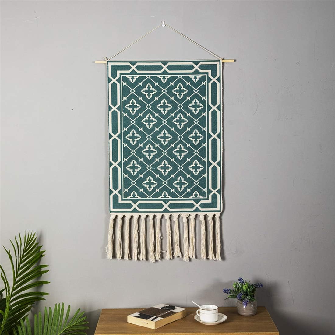 Macrame Woven Wall Tapestry Hanging Art, 20x34 Extra Large Boho Chic Bohemian Morocco Dark Green Geometric Tapestries Decor for Apartment Dorm Kids Living Room Bedroom Door Entrance
