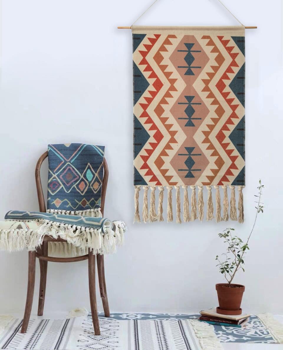 Macrame Woven Wall Tapestry Hanging Art, 20x34 Extra Large Boho Chic Bohemian Morocco Blue Orange Triangle Pyramid Geometric Tapestries Decor for Apartment Dorm Kids Living Room Bedroom Door Entrance