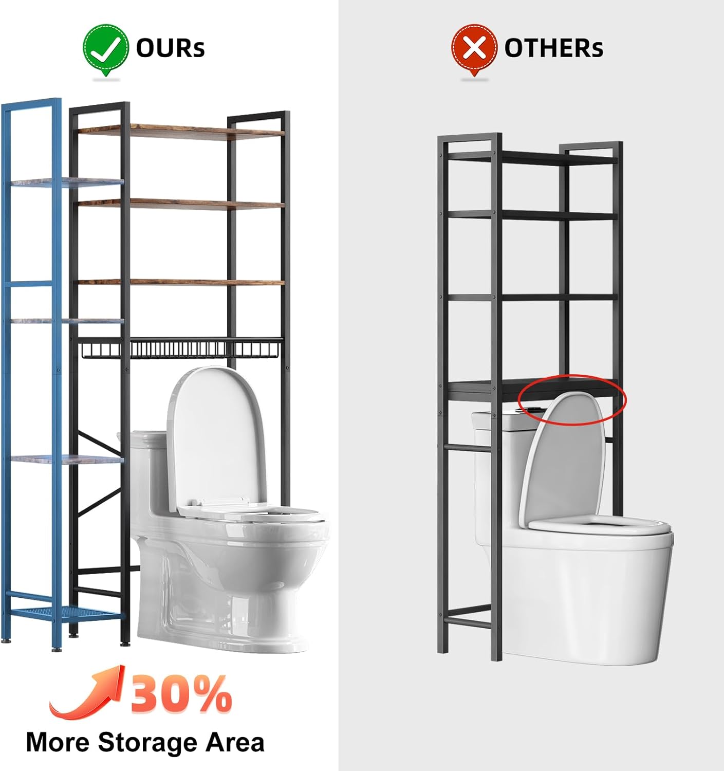 Kalrin 8-Tier Over The Toilet Storage with Side Rack, Over Toilet Storage Rack with Adjustable Shelf & Drain Basket, Freestanding Bathroom Organizer for Balcony, Laundry (Vintage Brown)