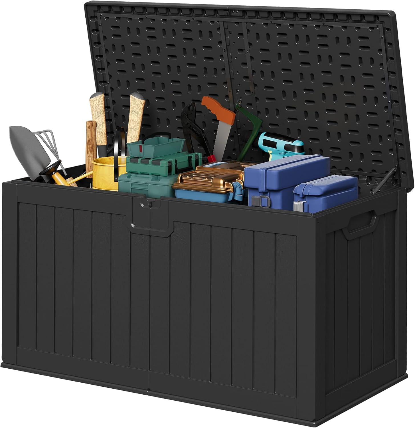 Devoko 78 Gallon Deck Box, Waterproof Resin Outdoor Storage Box for Outside and Patio, Outdoor Storage Bench Lockable for Patio Furniture, Garden Tools and Pool Supplies (Black, 78 Gallon)