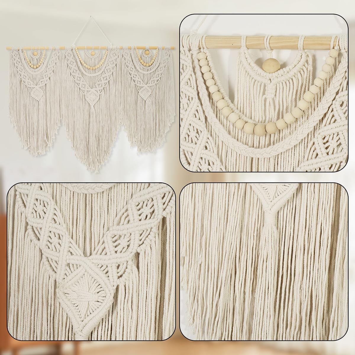 Large Macrame Wall Hanging, Cotton Hand-Woven Boho Tapestry Wall Decor, Above Bed Wall Art, Home Decoration for Bedroom Living Room Apartment Nursery (white, Bead)