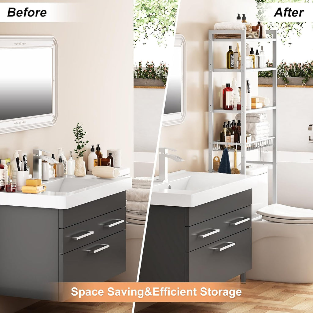 Kalrin Over-The-Toilet Storage Rack, 4-Tier Bathroom Organizer Shelf Over Toilet with Adjustable Shelf and Basket, Freestanding Space Saver Bathroom Shelves Above Toilet for Room (Pure White)