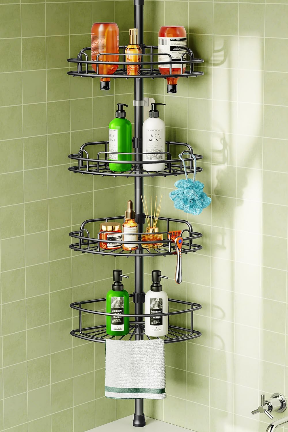 HAMITOR Corner Shower Caddy Tension Pole: 4-Tier Rust-Resistant Adjustable Bathroom Organizer Shelves - 47-121 Inch No-Drill Quick Installation - Space-Saving Storage for Renters Family - Silver Gray