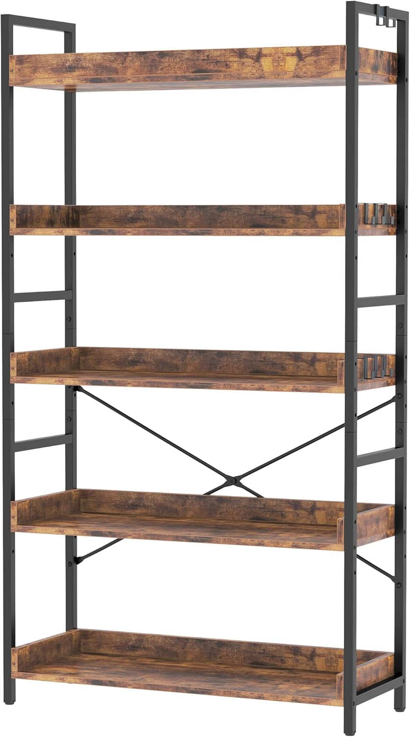 HCHQHS Bookshelf, Adjustable Industrial Bookcase, Vertical Tall Book Shelf, Wood and Black Metal Open Bookshelves for Home Office, Living Room, Bedroom (Rustic Brown, 6-Tier (31" W x 70" H))