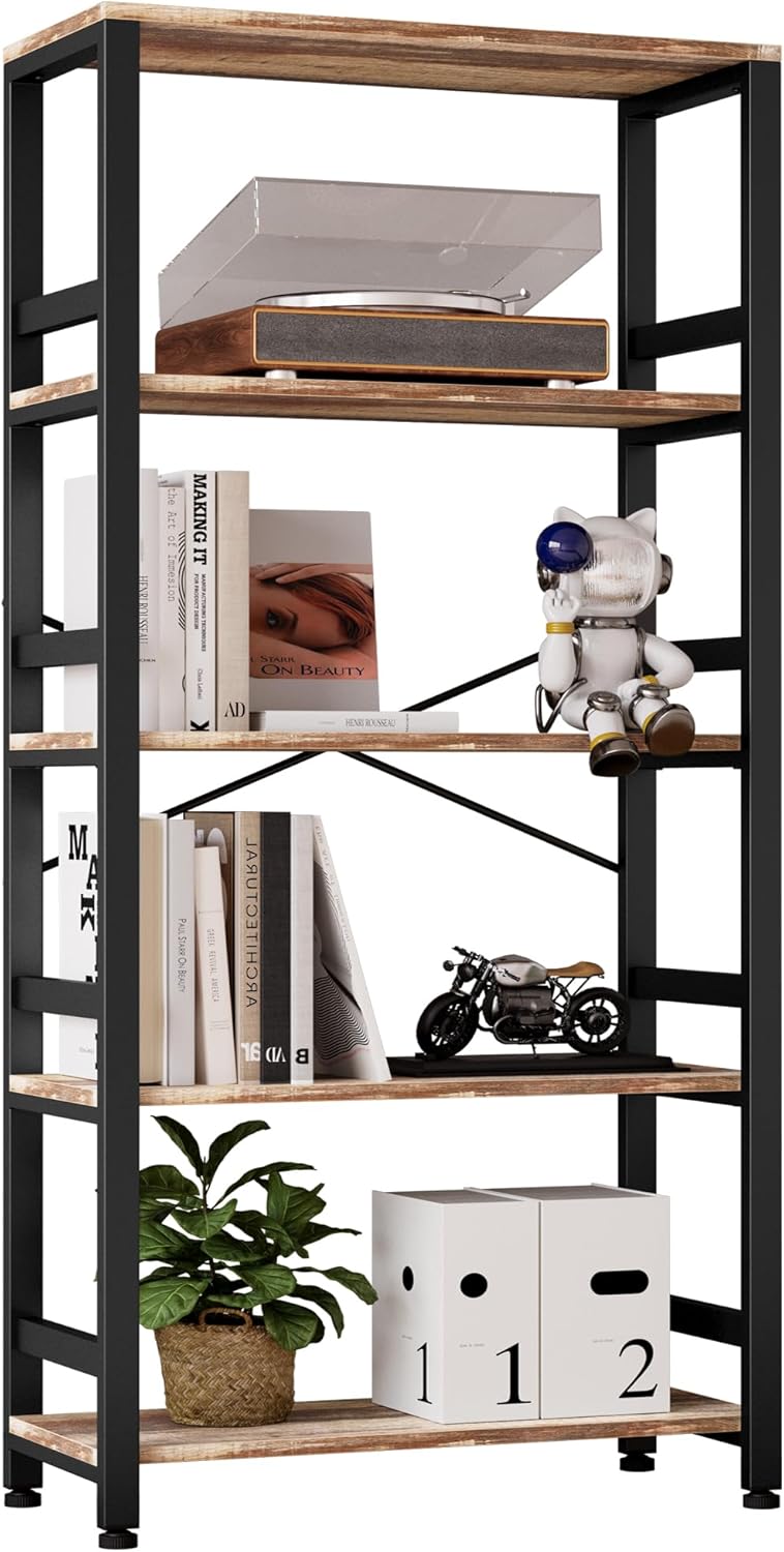 IRONCK Bookshelves and Bookcases, 31.5in Wide Shelf 5-Tier Ladder Shelf 110lbs/shelf Vintage Industrial Style Bookcase for Bedroom Living Room Home, Vintage Brown