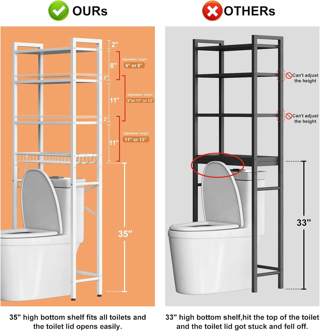 Kalrin Over-The-Toilet Storage Rack, 4-Tier Bathroom Organizer Shelf Over Toilet with Adjustable Shelf and Basket, Freestanding Space Saver Bathroom Shelves Above Toilet for Room (Pure White)