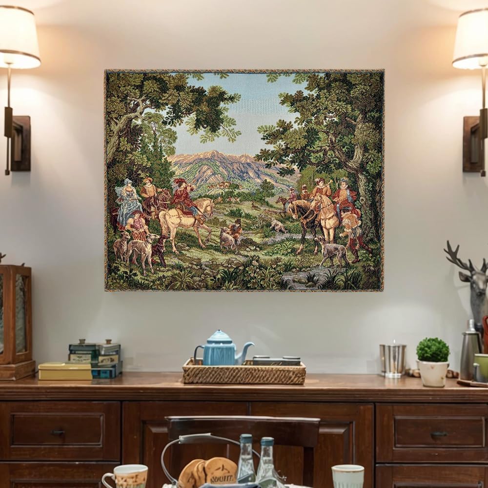 AureoMadis Woven Tapestry Wall Hanging - Large Vintage Medieval Renaissance Victorian Art Home Decor for Living Room Bedroom (34.5" W x 28.0" H) - Hunting Scene with lining