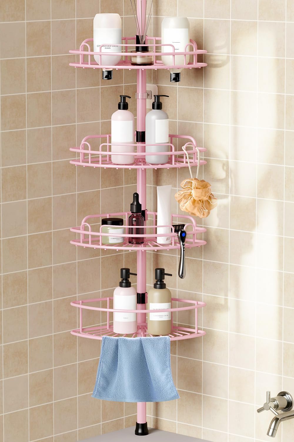 HAMITOR Corner Shower Caddy Tension Pole: 4-Tier Rust-Resistant Adjustable Bathroom Organizer Shelves - 47-121 Inch No-Drill Quick Installation - Space-Saving Storage for Renters Family - Silver Gray
