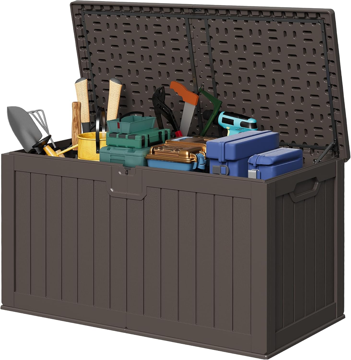 Devoko 78 Gallon Deck Box, Waterproof Resin Outdoor Storage Box for Outside and Patio, Outdoor Storage Bench Lockable for Patio Furniture, Garden Tools and Pool Supplies (Black, 78 Gallon)