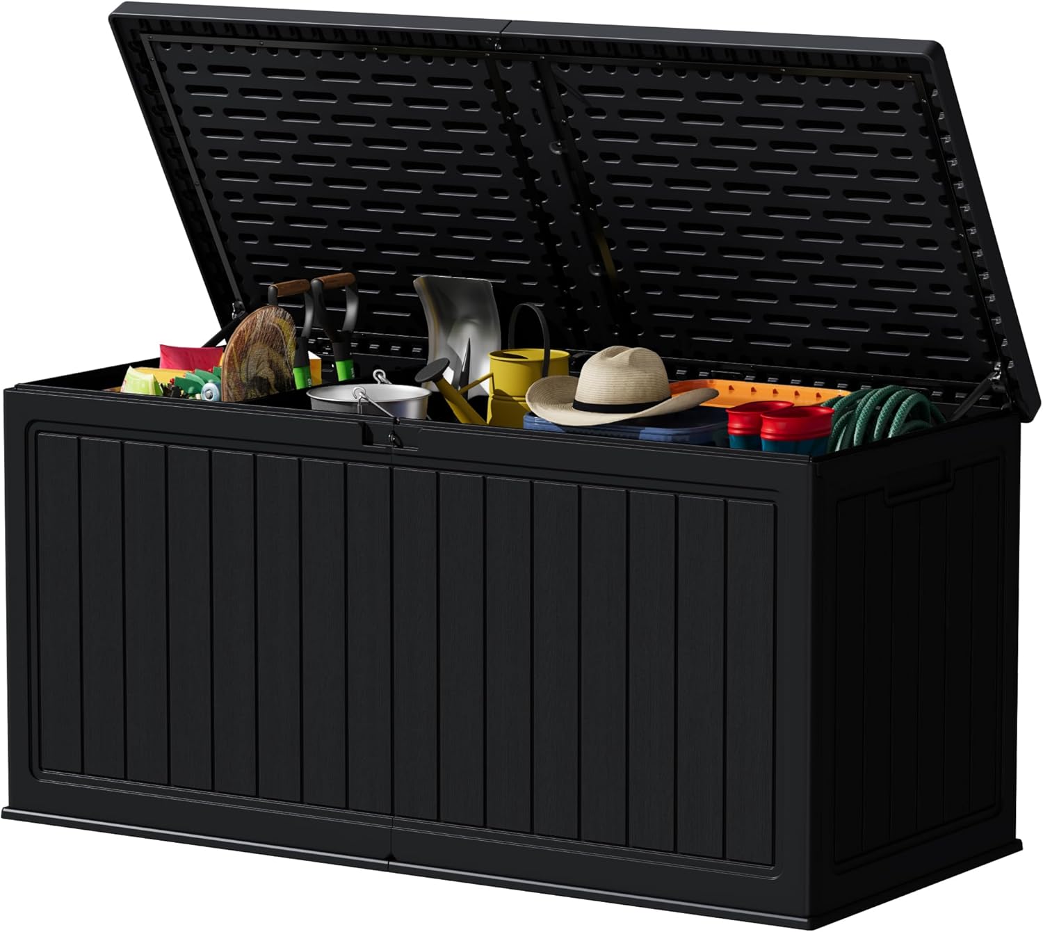 Devoko 78 Gallon Deck Box, Waterproof Resin Outdoor Storage Box for Outside and Patio, Outdoor Storage Bench Lockable for Patio Furniture, Garden Tools and Pool Supplies (Black, 78 Gallon)