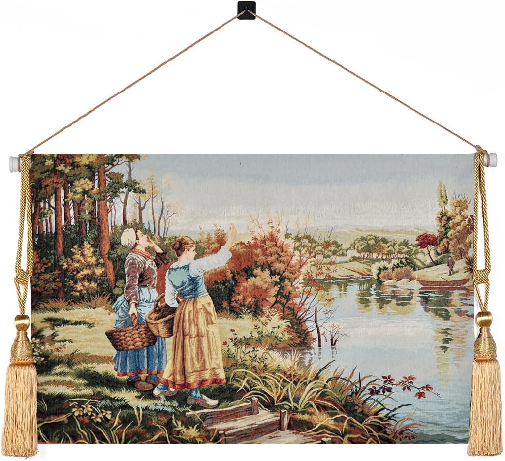 Vintage Nature Tapestry Wall Hanging Set with Telescopic Rod & Tassels - Jacquard Woven Fabric Aesthetic Lake & Mountain Landscape Wall Tapestry for Bedroom/Living Room Decor Green Art (42"x27")