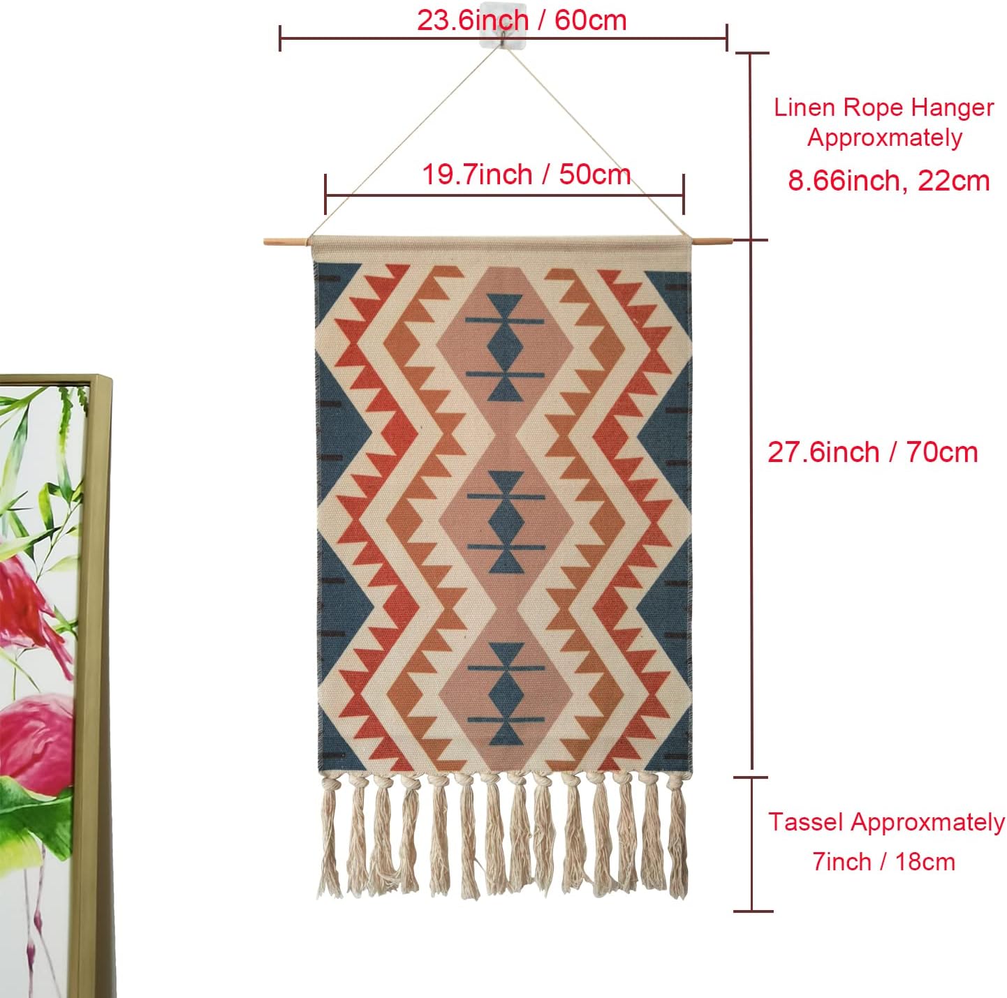 Macrame Woven Wall Tapestry Hanging Art, 20x34 Extra Large Boho Chic Bohemian Morocco Blue Orange Triangle Pyramid Geometric Tapestries Decor for Apartment Dorm Kids Living Room Bedroom Door Entrance