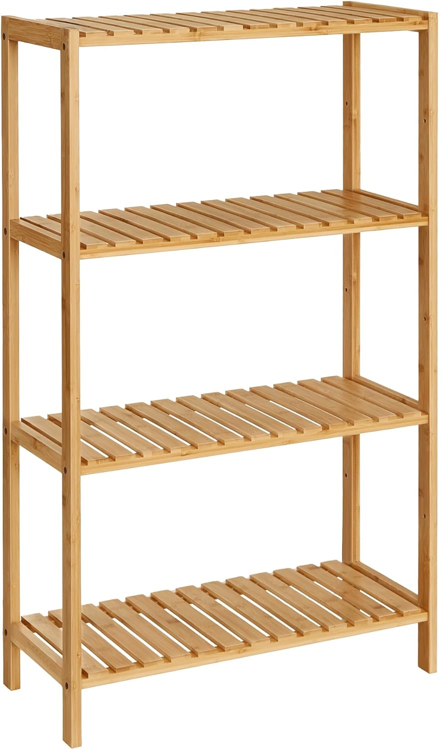 SONGMICS Bamboo Storage Shelf, 4-Tier Shelving Unit, Multifunctional, in the Entryway, Bathroom, Living Room, Balcony, Kitchen, 13 x 13 x 38.6 Inches, Light Bamboo UBCB54Y