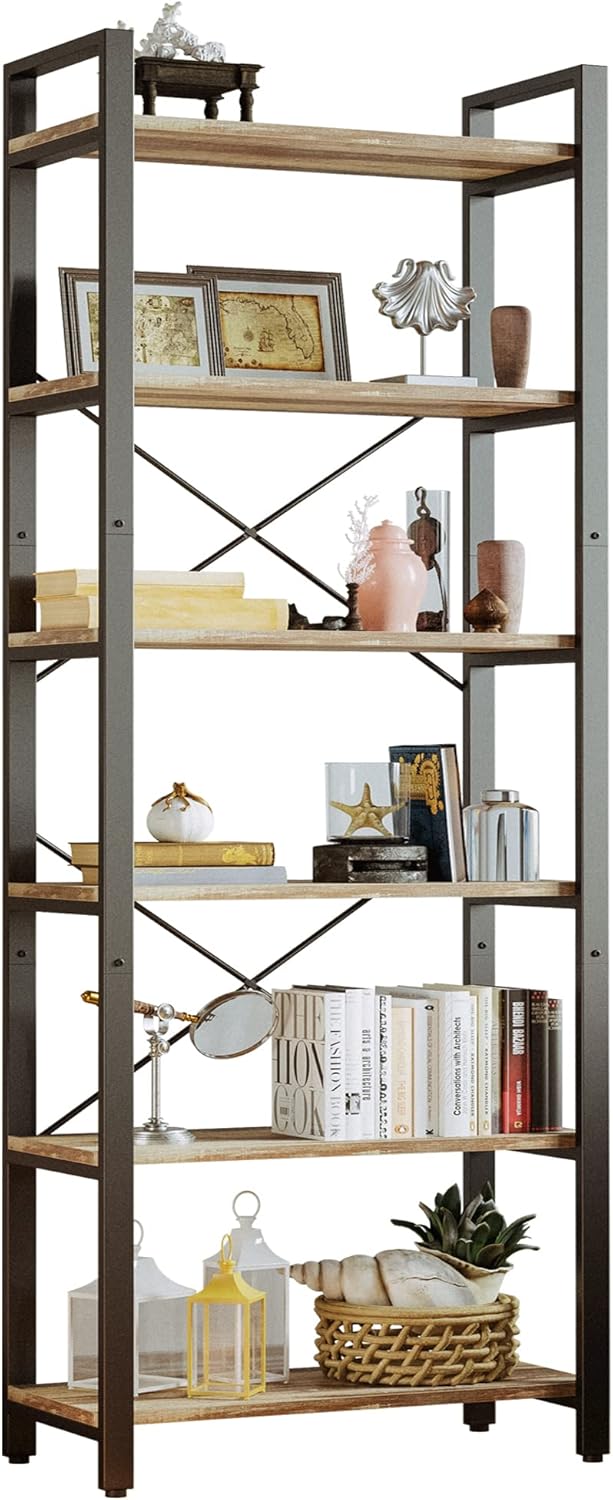 IRONCK Bookshelf 6-Tier Ladder Shelf 110lbs Display Shelf Vintage Industrial Style Bookcase for Home Office, Living Room