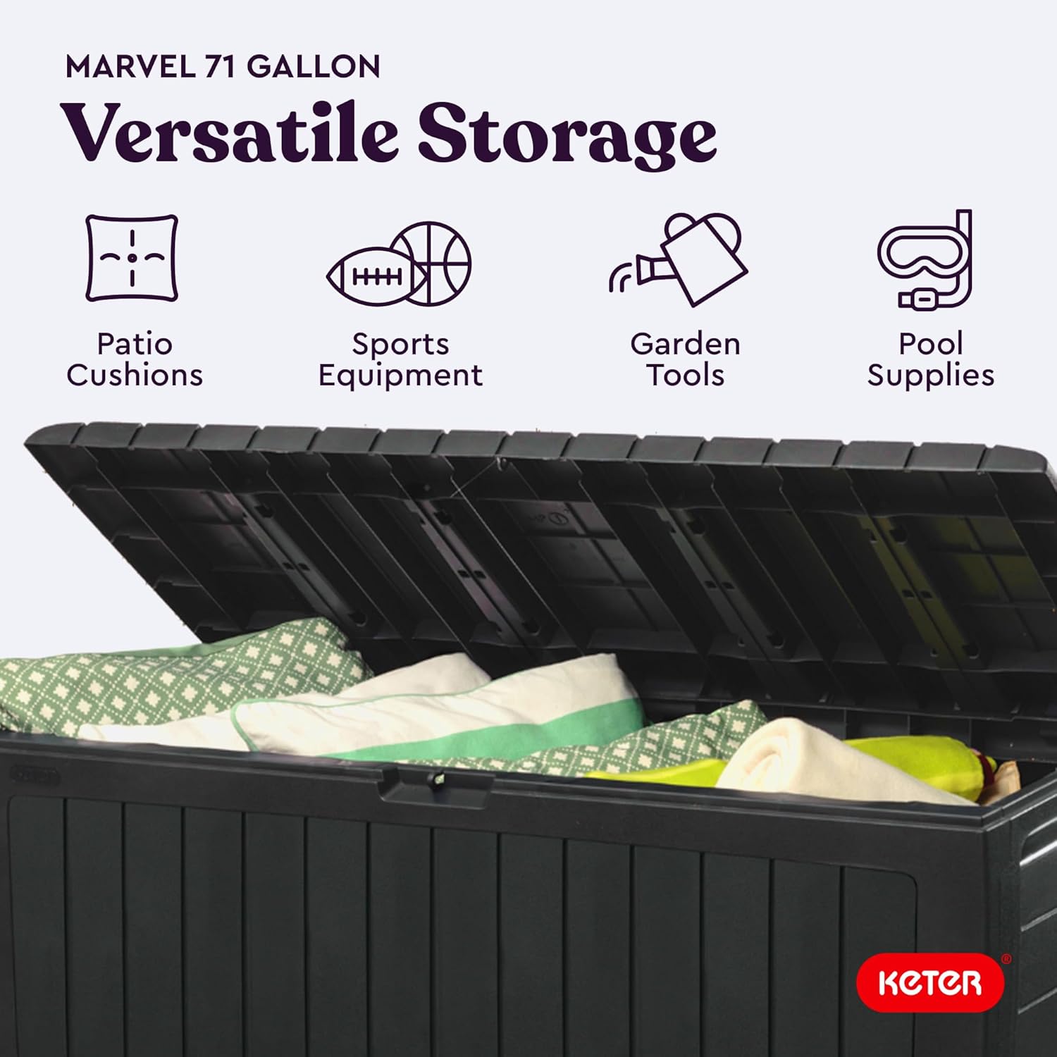 Keter Marvel Plus 71 Gallon Resin Deck Box-Organization and Storage for Patio Furniture Outdoor Cushions, Throw Pillows, Garden Tools and Pool Toys, Dark Grey