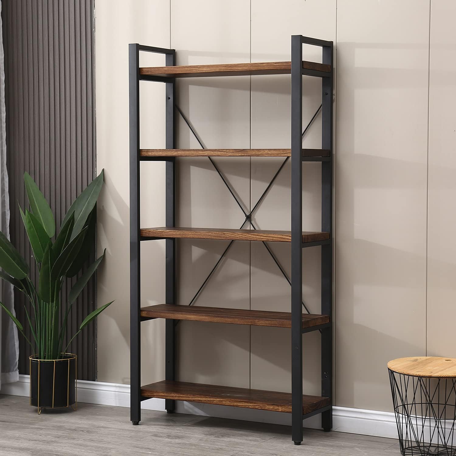 WH-AOERPUMY 5 Tier Bookcase, Solid Wood Bookshelf Rustic Vintage Industrial Etagere Bookcase, Metal and Wood Free Vintage Bookshelf, Retro Brown (5-Tiers)