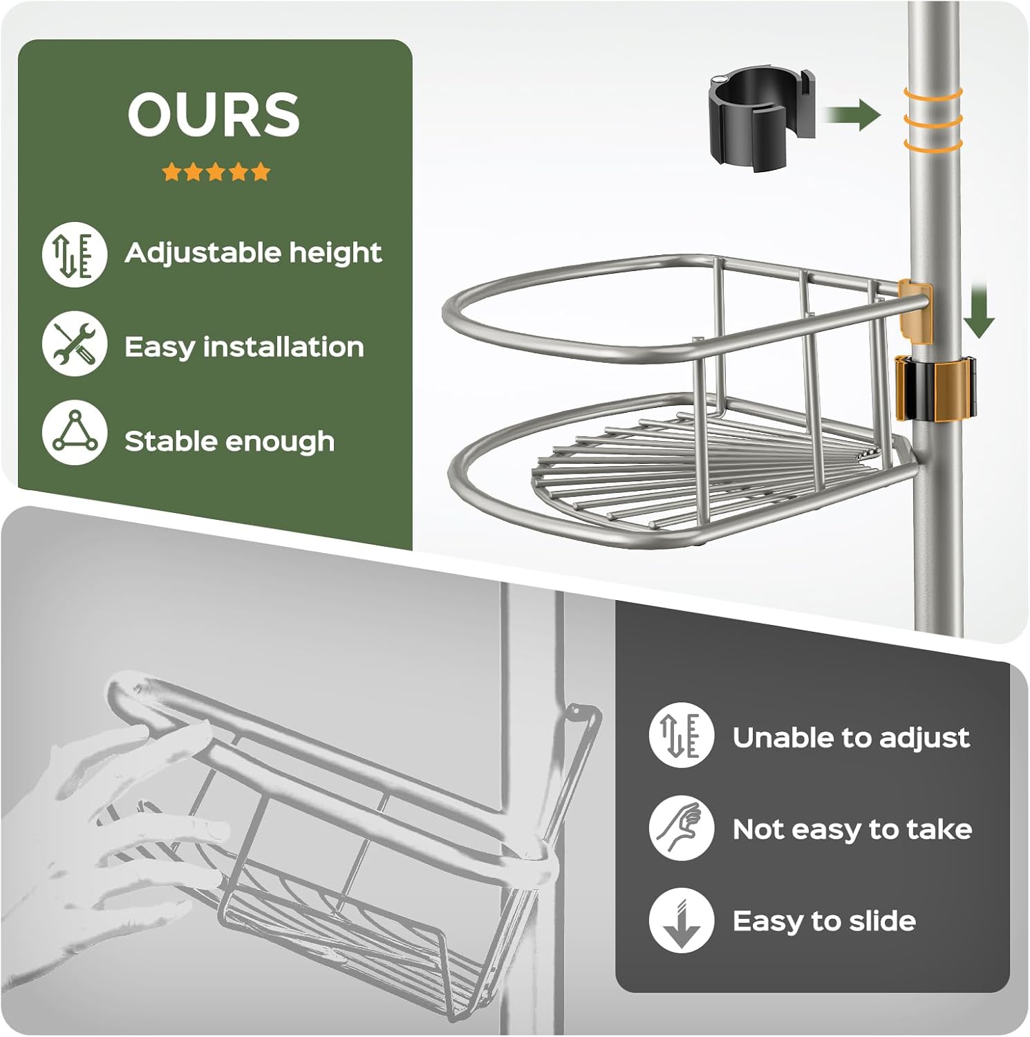 HAMITOR Corner Shower Caddy Tension Pole: 4-Tier Rust-Resistant Adjustable Bathroom Organizer Shelves - 47-121 Inch No-Drill Quick Installation - Space-Saving Storage for Renters Family - Silver Gray
