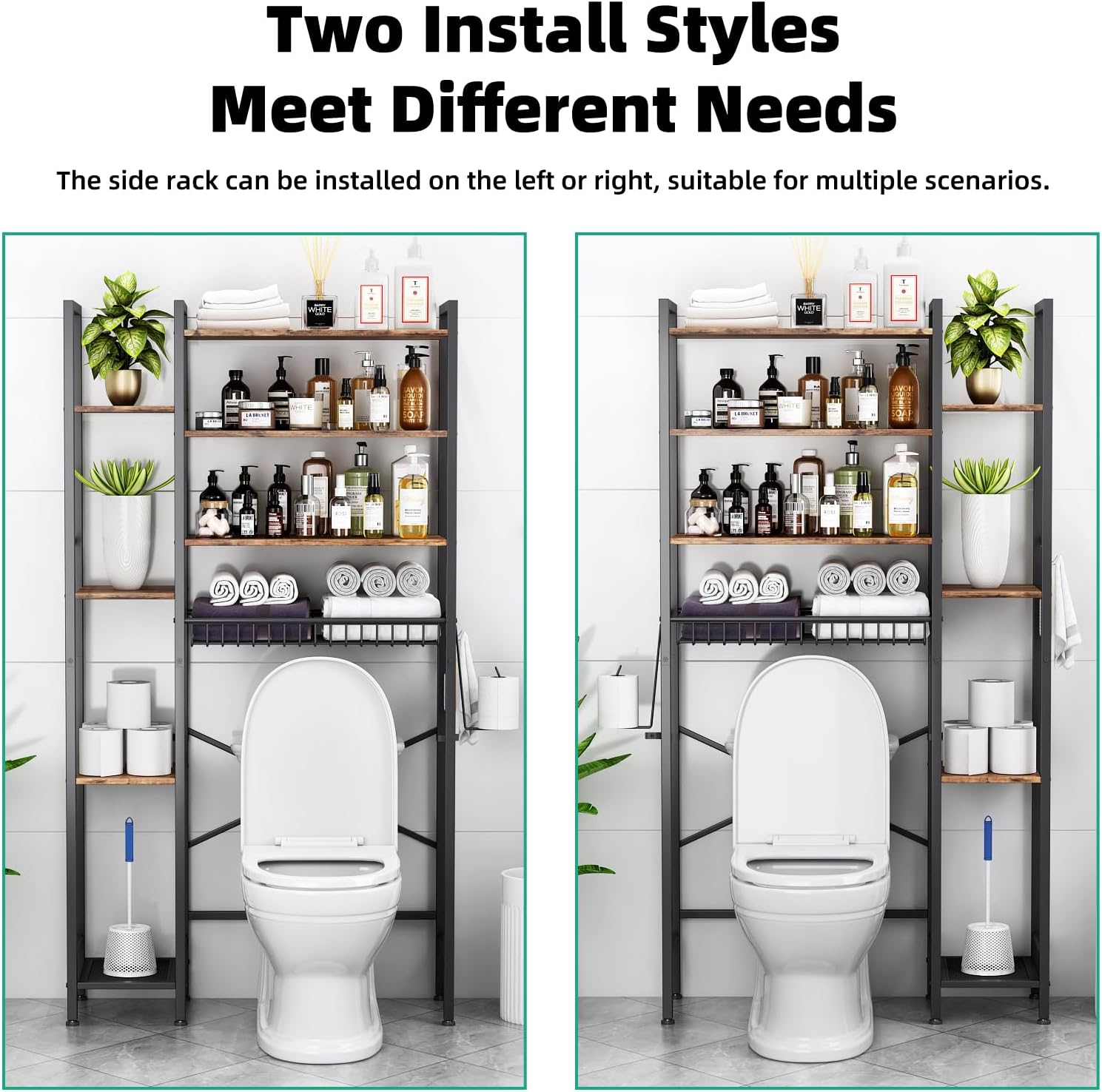 Kalrin 8-Tier Over The Toilet Storage with Side Rack, Over Toilet Storage Rack with Adjustable Shelf & Drain Basket, Freestanding Bathroom Organizer for Balcony, Laundry (Vintage Brown)