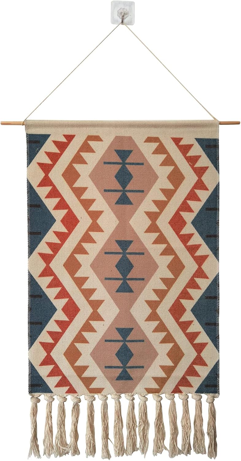 Macrame Woven Wall Tapestry Hanging Art, 20x34 Extra Large Boho Chic Bohemian Morocco Blue Orange Triangle Pyramid Geometric Tapestries Decor for Apartment Dorm Kids Living Room Bedroom Door Entrance