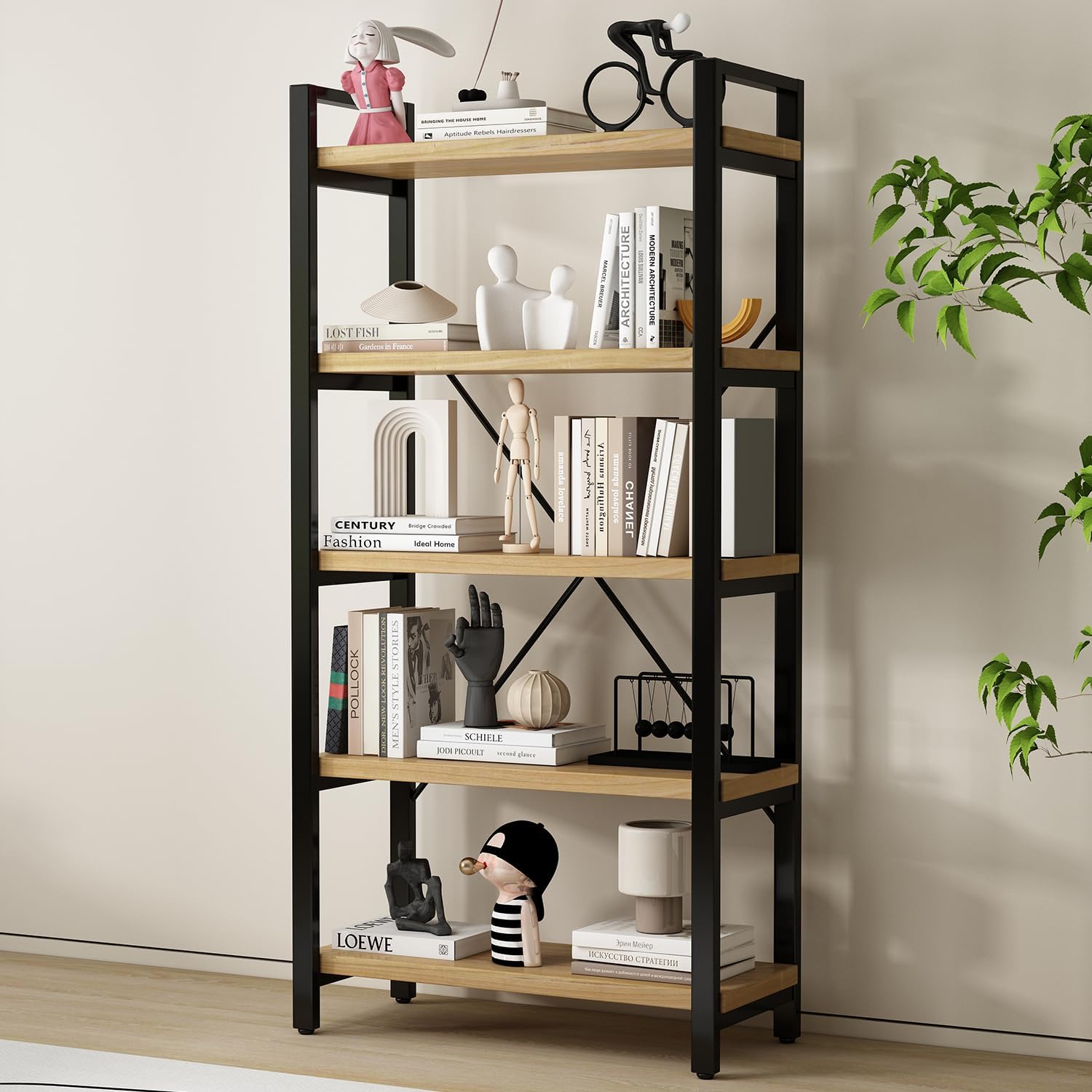 WH-AOERPUMY 5 Tier Bookcase, Solid Wood Bookshelf Rustic Vintage Industrial Etagere Bookcase, Metal and Wood Free Vintage Bookshelf, Retro Brown (5-Tiers)