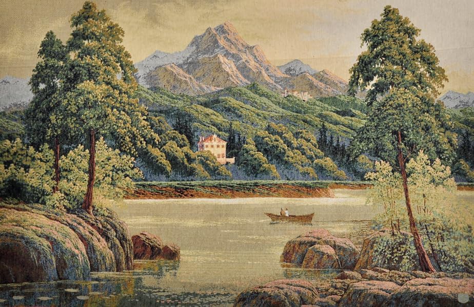 Vintage Nature Tapestry Wall Hanging Set with Telescopic Rod & Tassels - Jacquard Woven Fabric Aesthetic Lake & Mountain Landscape Wall Tapestry for Bedroom/Living Room Decor Green Art (42"x27")