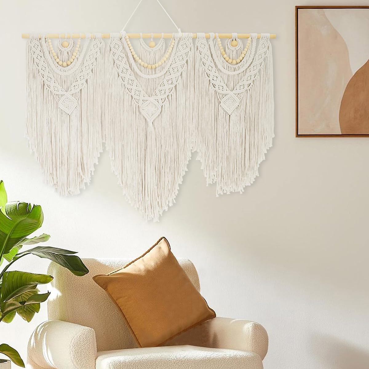Large Macrame Wall Hanging, Cotton Hand-Woven Boho Tapestry Wall Decor, Above Bed Wall Art, Home Decoration for Bedroom Living Room Apartment Nursery (white, Bead)