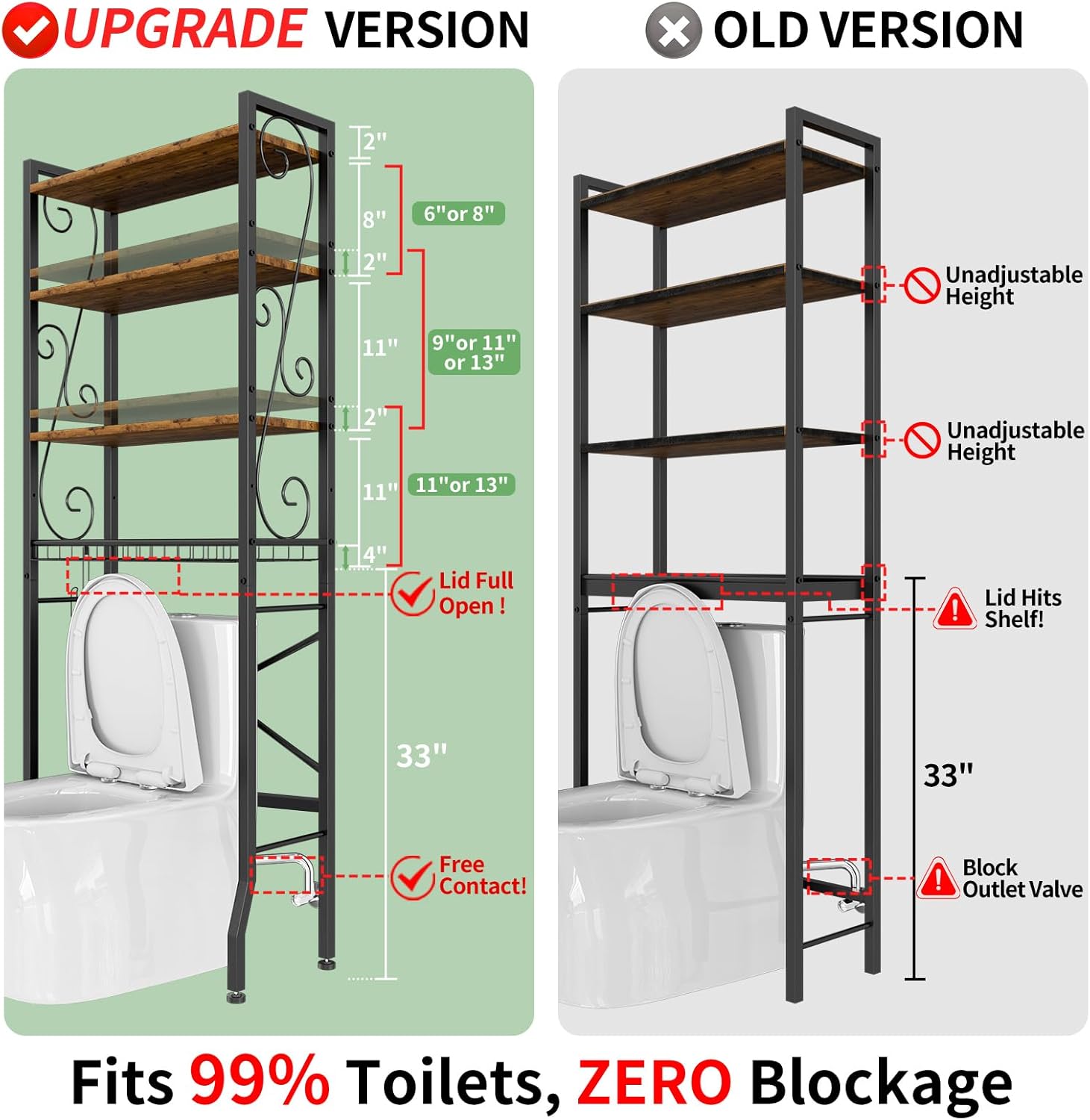 Over-The-Toilet Storage Rack 4-Tier,Bathroom Organizer Shelf Over Toilet,Adjustable Wooden Shelves and Basket,Freestanding Above Toilet Shelf,Space Saver for Rooms(Black Rack-Rustic Brown Shelves)