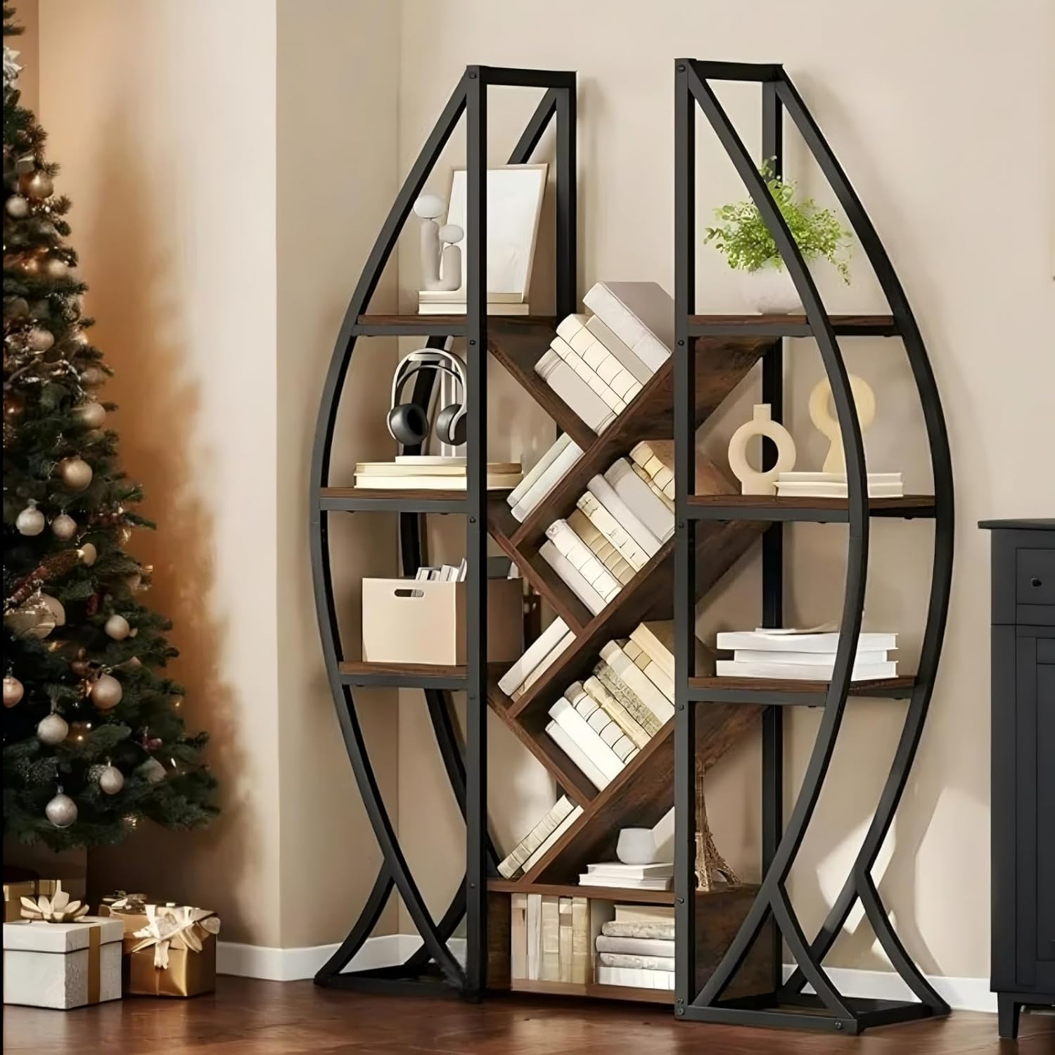 DWVO 5 Tier Bookshelf, 70.9" H Tall Bookcase Industrial Book Shelf Vintage Storage Organizer, Free Standing Storage Shelving Unit for Living Room, Bedroom, Home Office, Rustic Brown