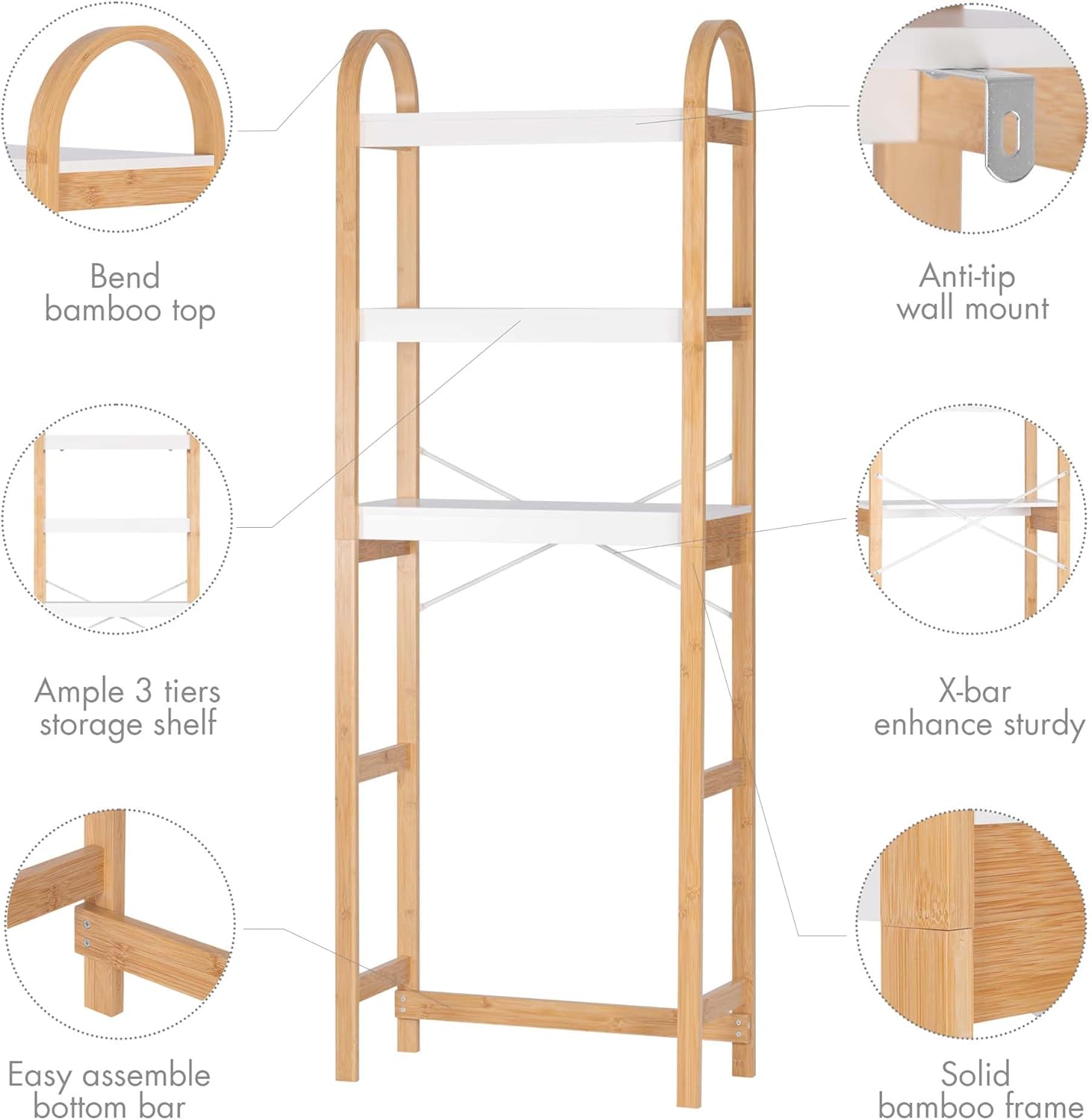 Spirich Over The Toilet Storage Shelf, 3-Tier Over Toilet Bathroom Organizer, Space-Saving Above Toilet Storage Shelf Rack with Bamboo Frame