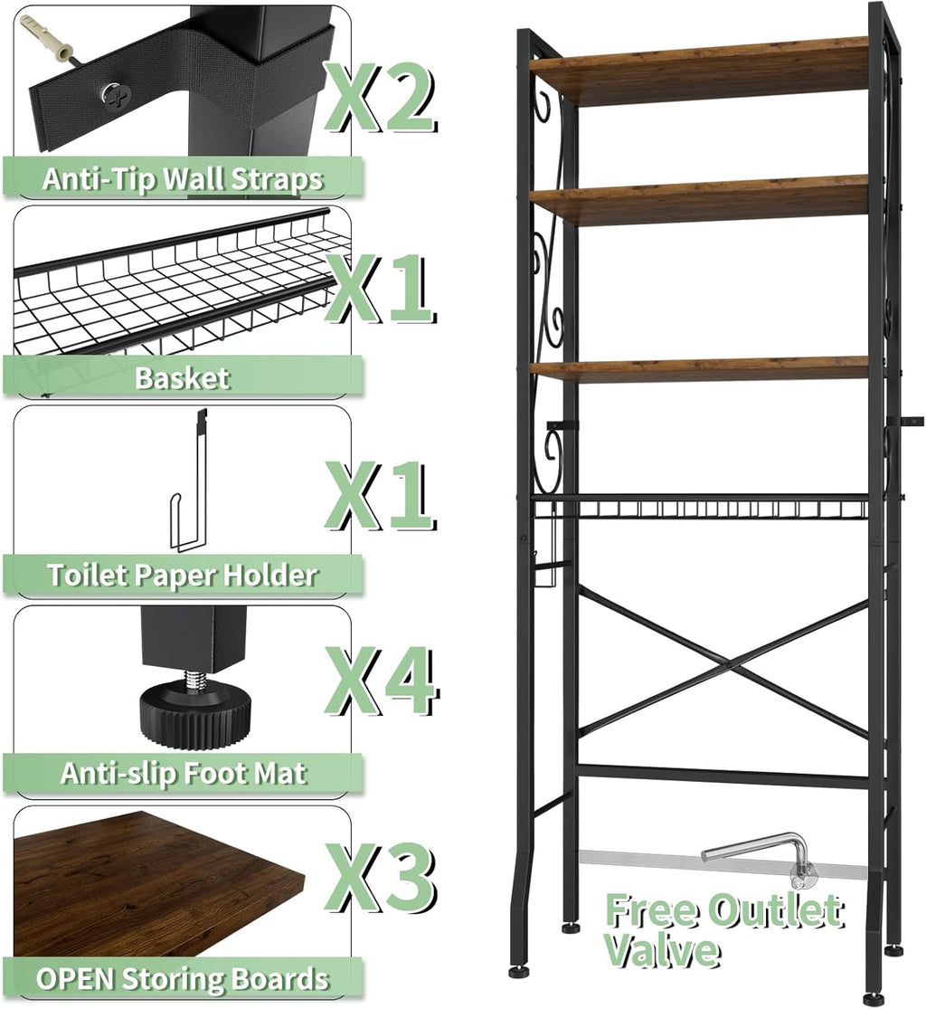 Over-The-Toilet Storage Rack 4-Tier,Bathroom Organizer Shelf Over Toilet,Adjustable Wooden Shelves and Basket,Freestanding Above Toilet Shelf,Space Saver for Rooms(Black Rack-Rustic Brown Shelves)
