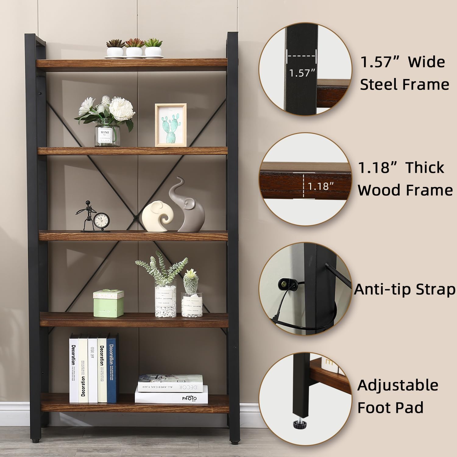 WH-AOERPUMY 5 Tier Bookcase, Solid Wood Bookshelf Rustic Vintage Industrial Etagere Bookcase, Metal and Wood Free Vintage Bookshelf, Retro Brown (5-Tiers)